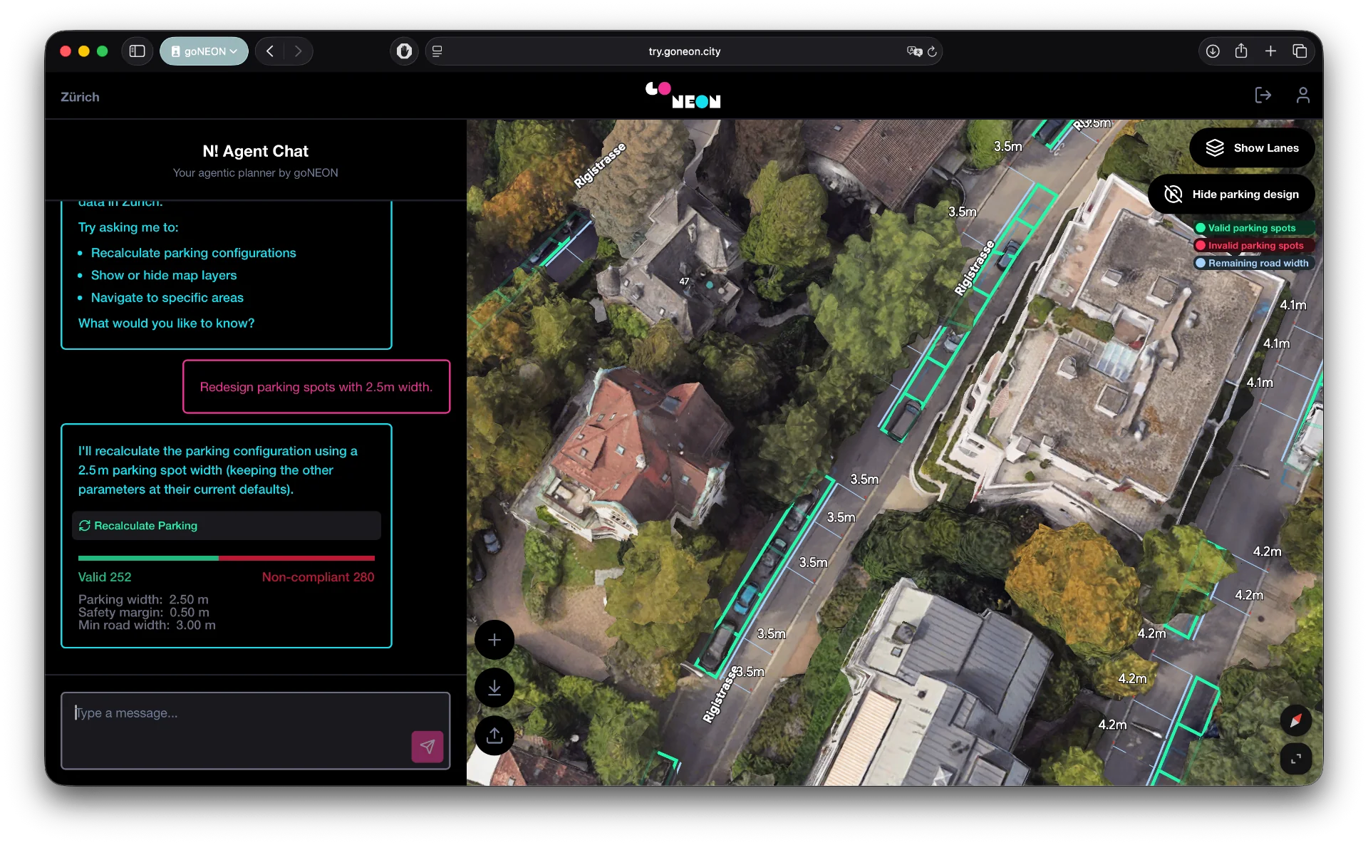 goNEON parking demo: agentic redesign of parking spots in Zürich with valid and non-compliant overlays